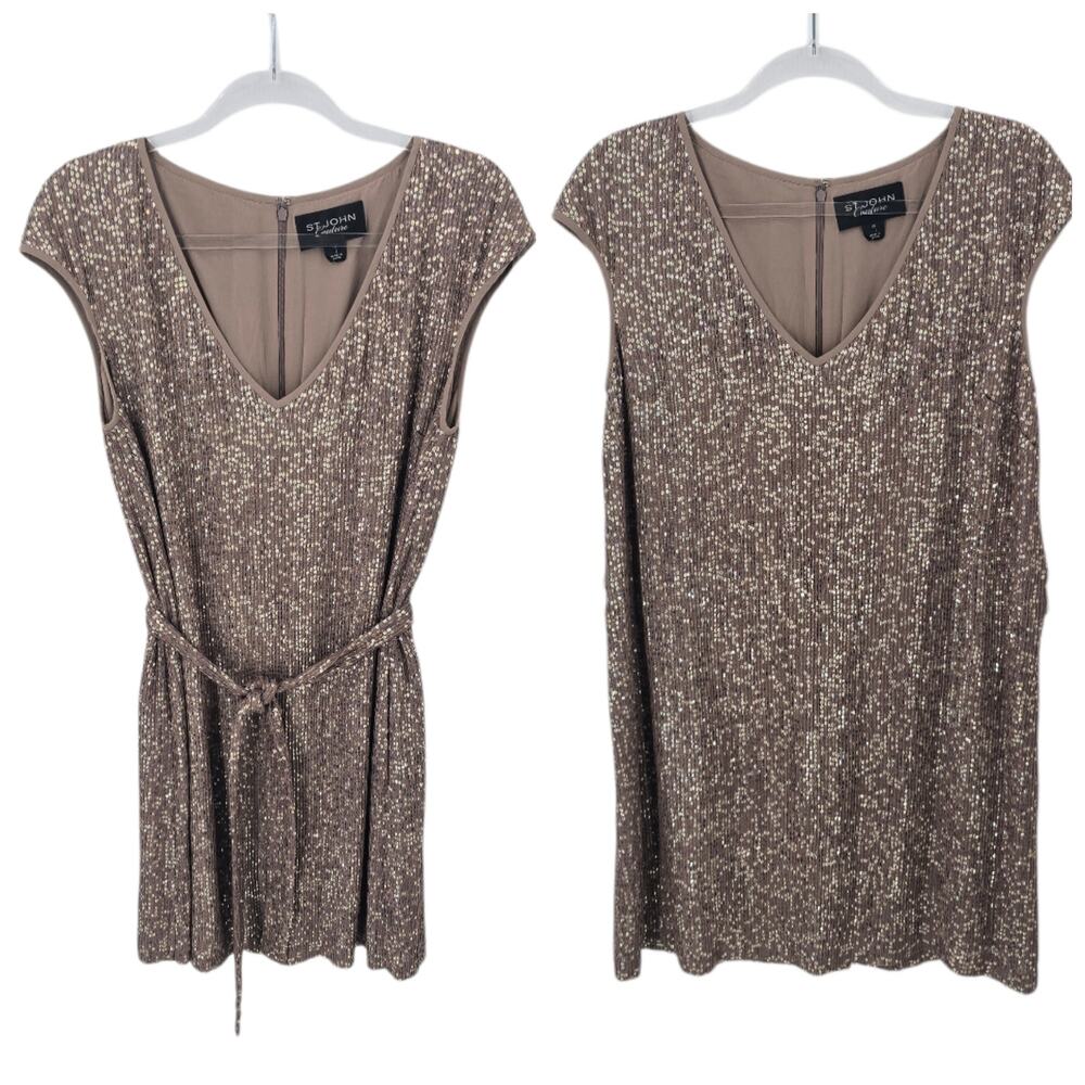 St John Couture Sequin Silk Evening Dress Gold Champagne Shift V Neck Belted 10